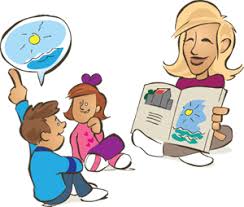 Tegnet billede af børn og en voksen der læser